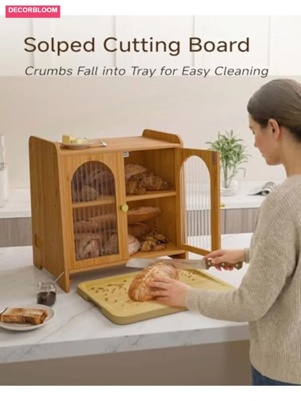 Double Layer Bamboo Bread Box with Acrylic Window and Cutting Board